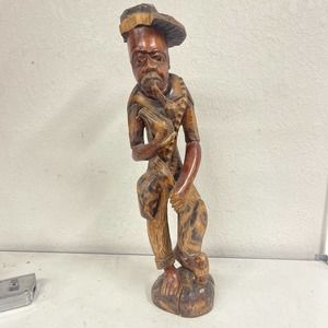 Vintage Haitian hand carved wooden sculpture man with pipe BLHN